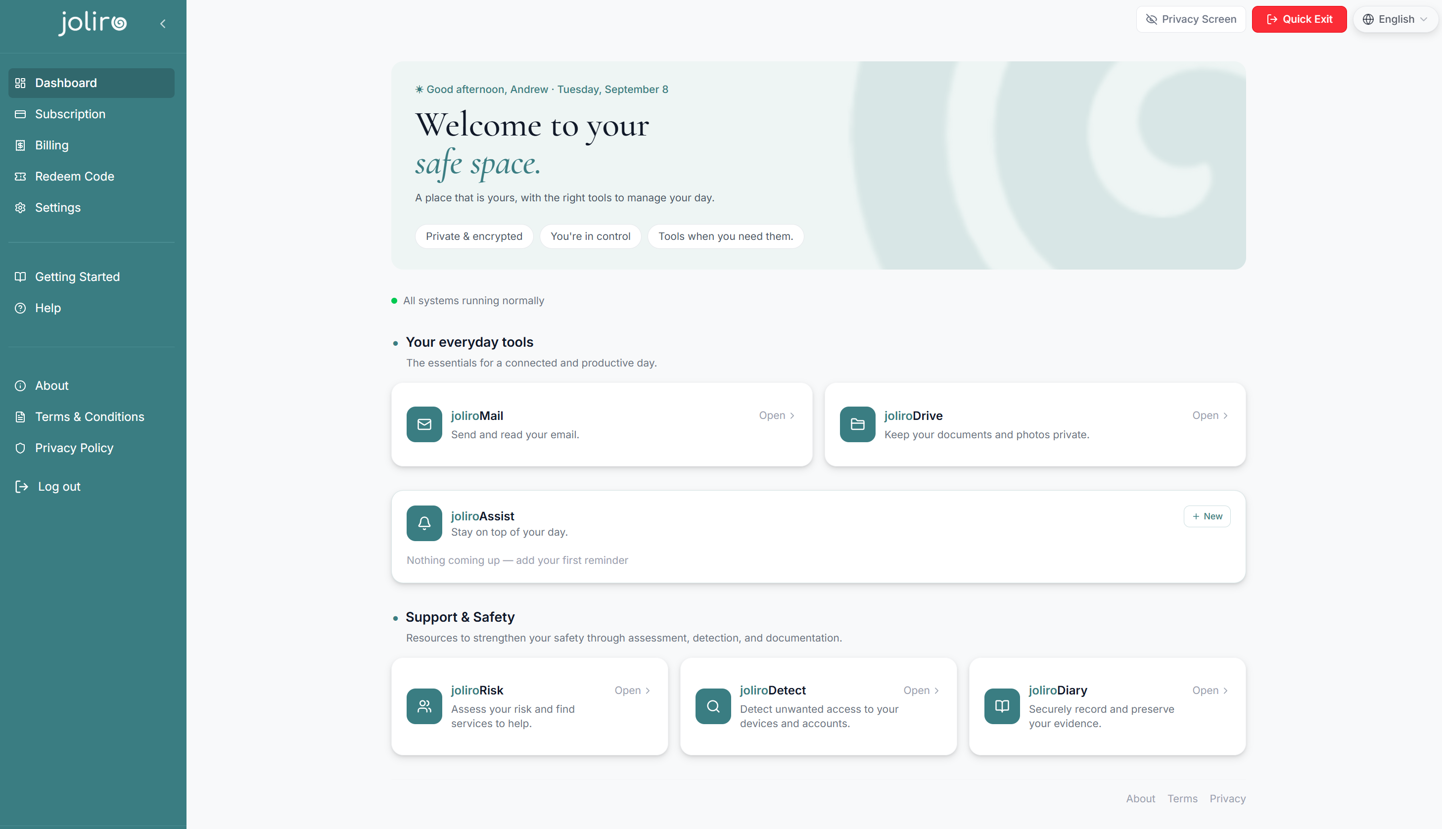 The Joliro dashboard: joliroMail, joliroDrive and joliroAssist under everyday tools, with joliroRisk, joliroDetect and joliroDiary under support and safety
